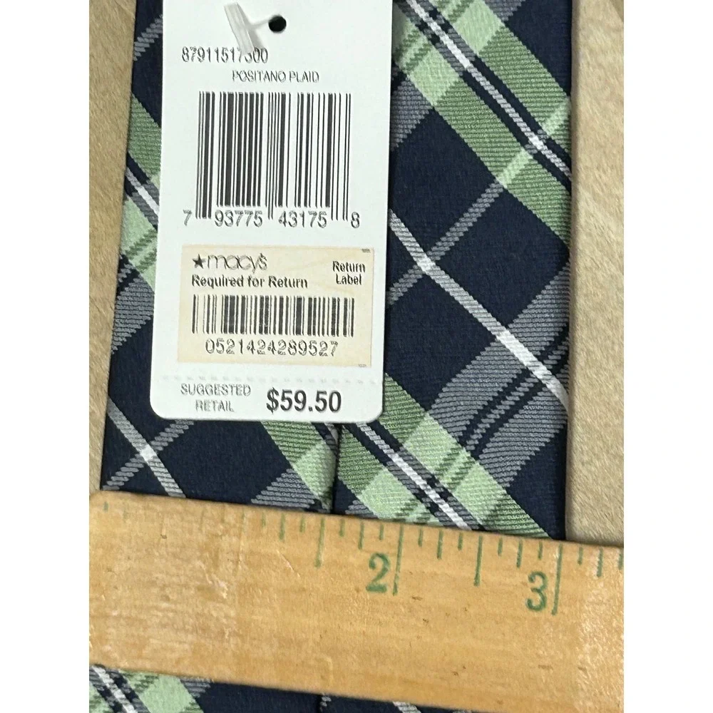 Tommy Hilfiger Necktie Men OS Navy Green Positano Plaid Silk‎ Classic Preppy New